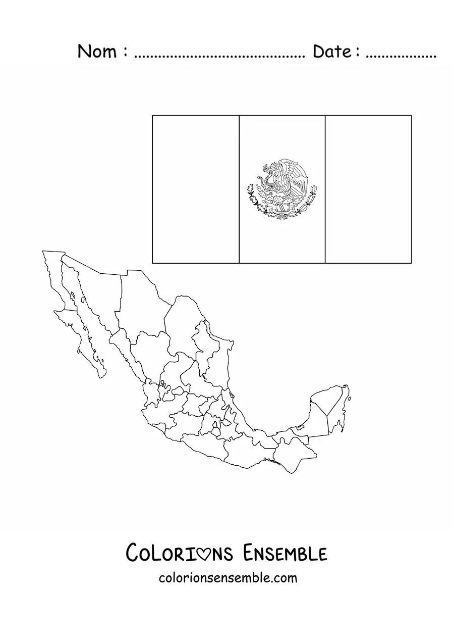 Image à colorier du drapeau du Mexique avec son blason, à côté d'une carte