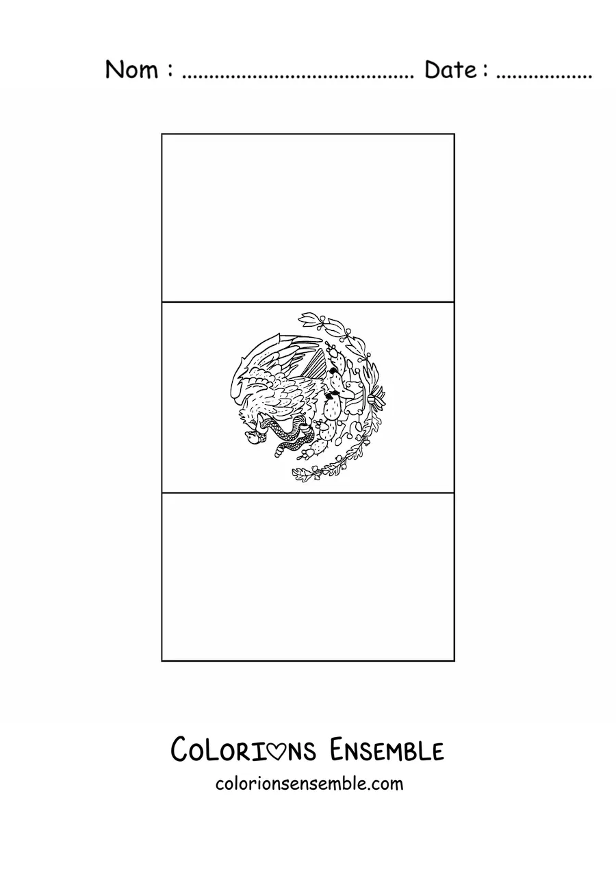 Image à colorier du drapeau du Mexique à la verticale avec son blason