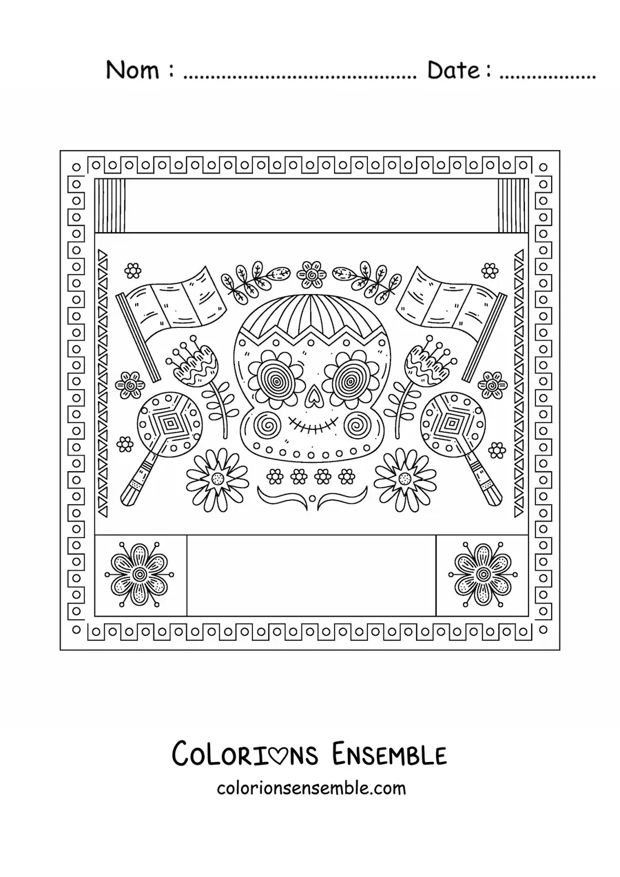 Image à colorier de deux drapeaux du Mexique sans blason à côté d'une tête de mort mexicaine