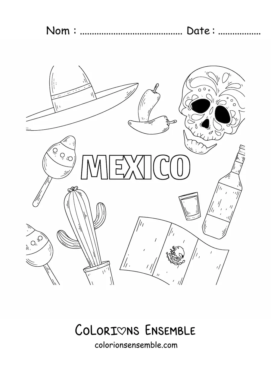 Image à colorier du drapeau du Mexique à côté d'une tête de mort mexicaine, d'un piment, d'une tequila et d'un sombrero