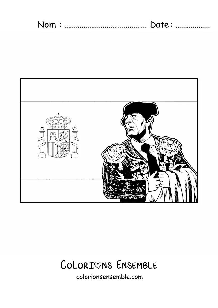 Image à colorier du drapeau de l'Espagne à l'horizontale avec un torero réaliste