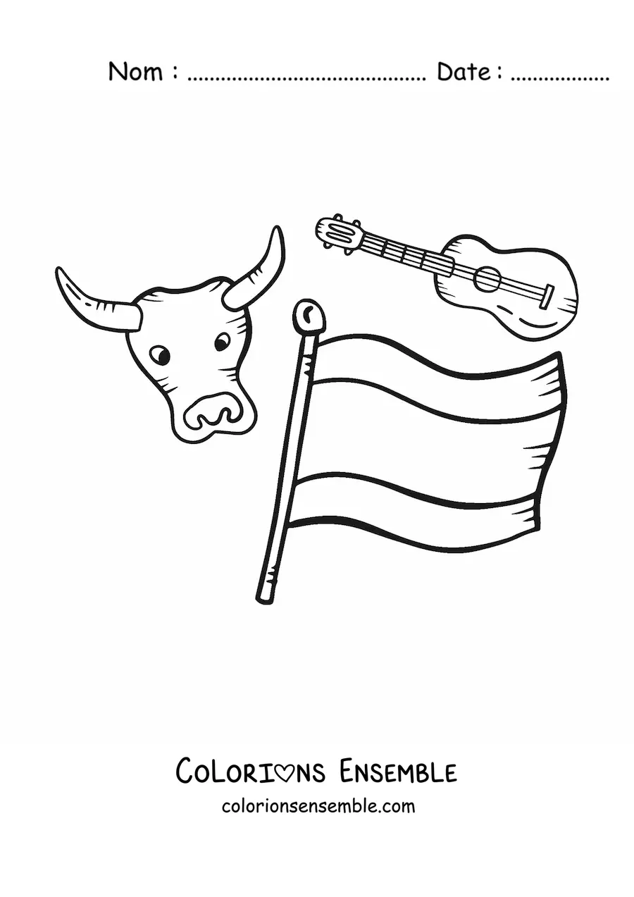 Image à colorier du drapeau de l'Espagne avec un taureau kawaii et une guitare