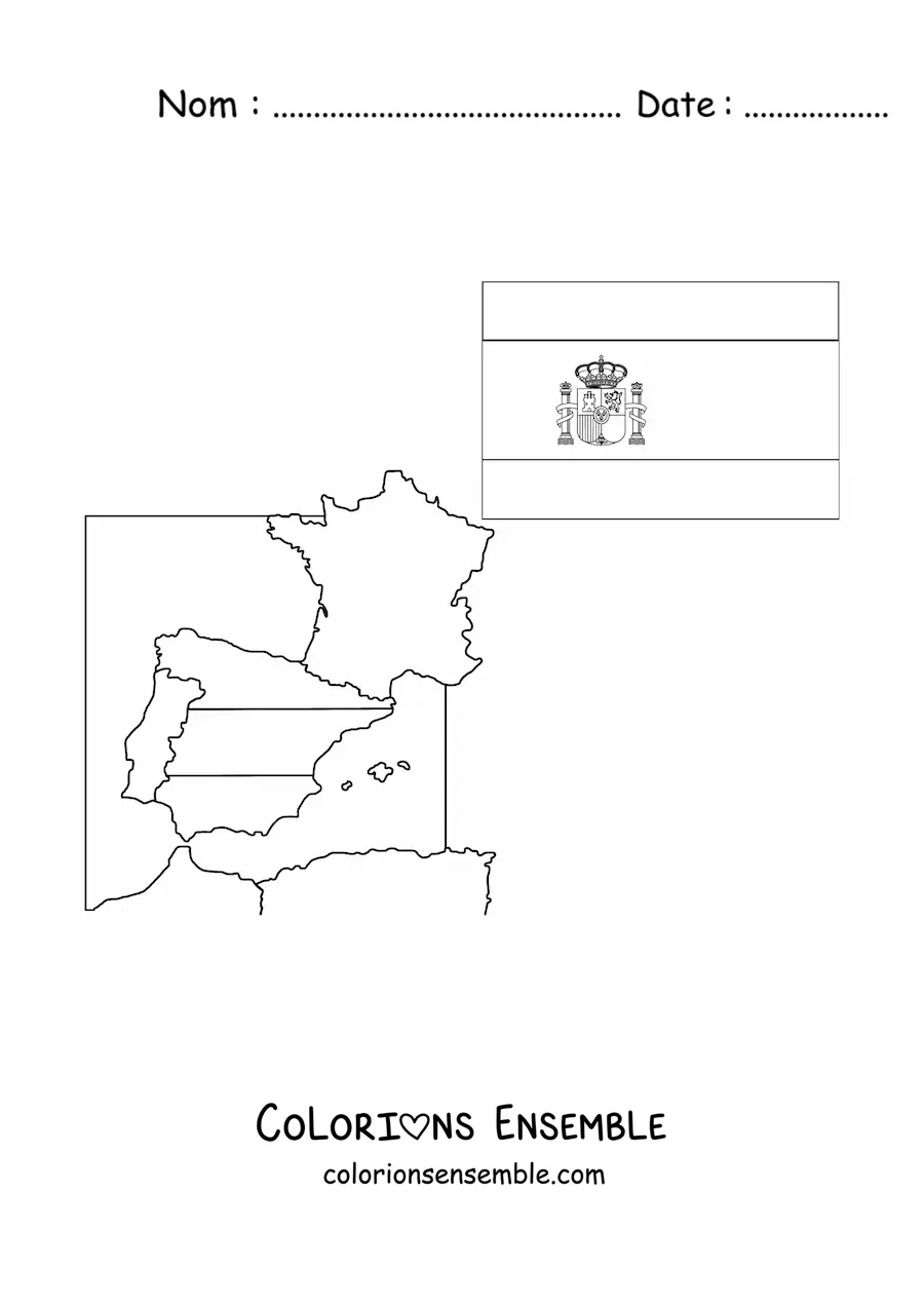 Image à colorier du drapeau de l'Espagne avec ses armoiries, à côté d'une carte