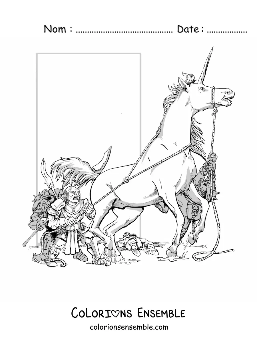 Image à colorier d’une licorne de Donjons et Dragons fuyant plusieurs gobelins