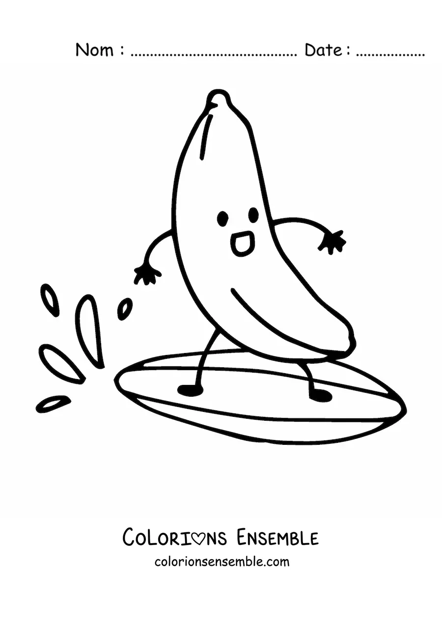 Coloriage d'une banane rigolote qui fait du surf