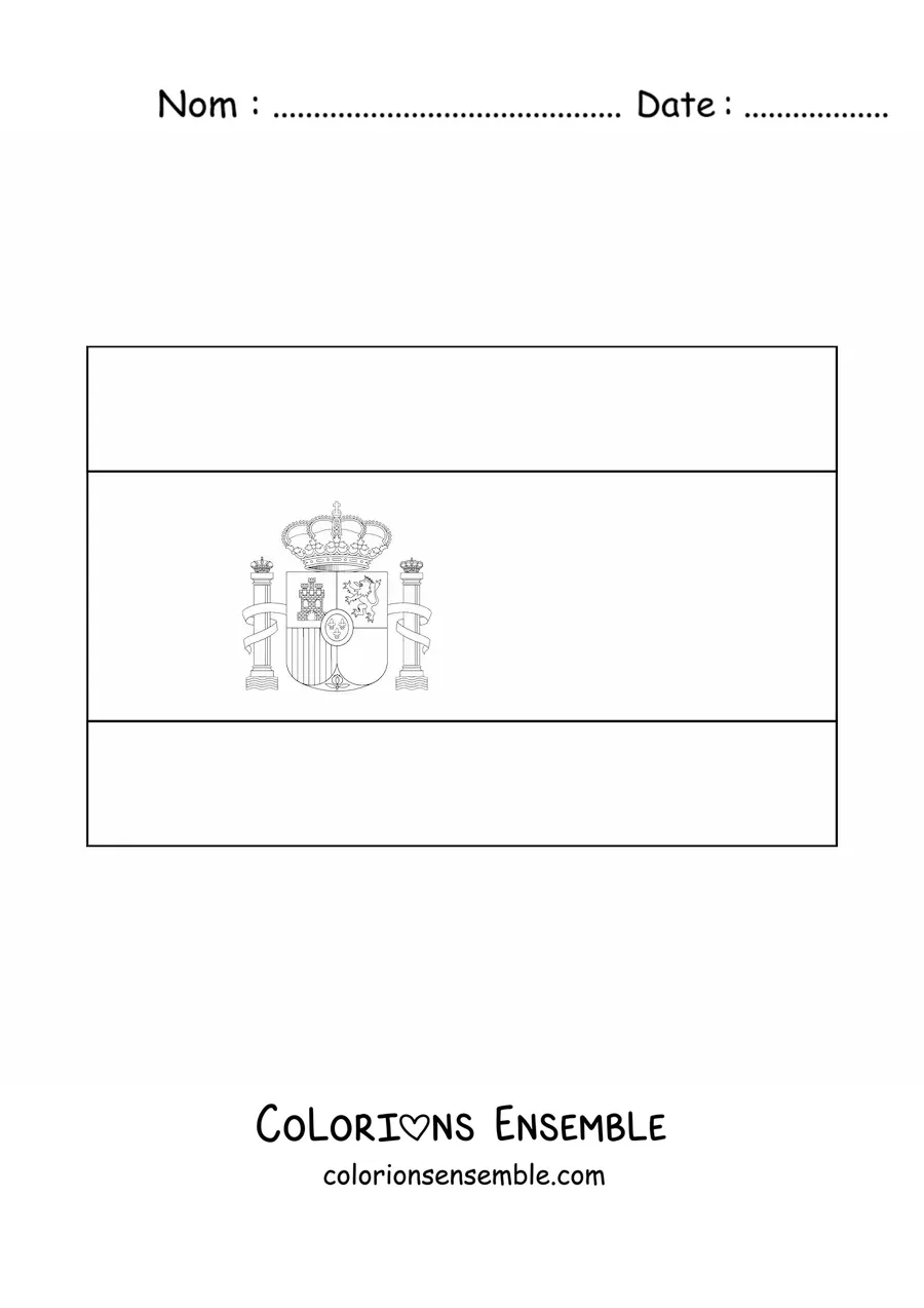 Image à colorier du drapeau de l'Espagne à l'horizontale avec ses armoiries détaillées