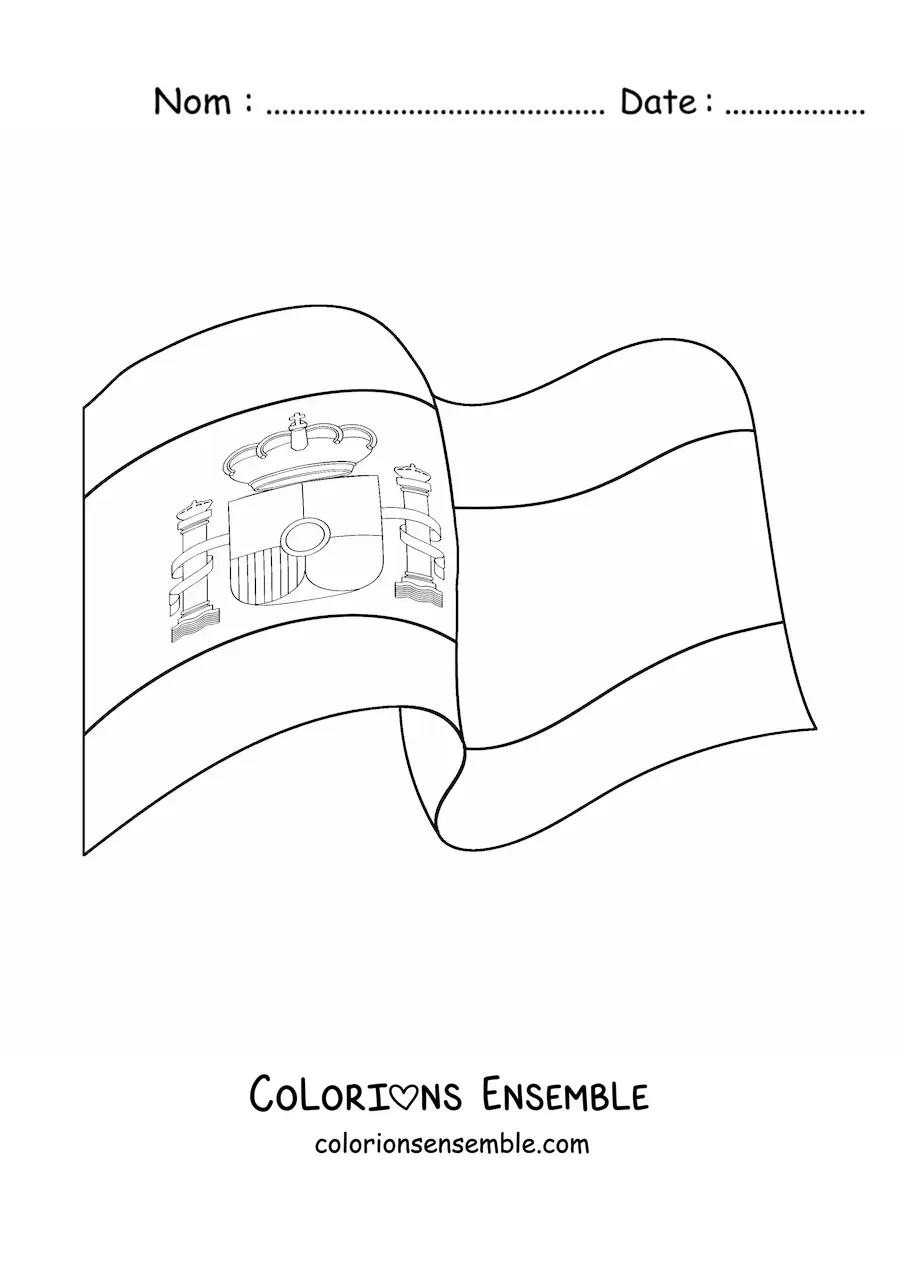 Image à colorier du drapeau de l'Espagne avec ses armoiries, flottant au vent