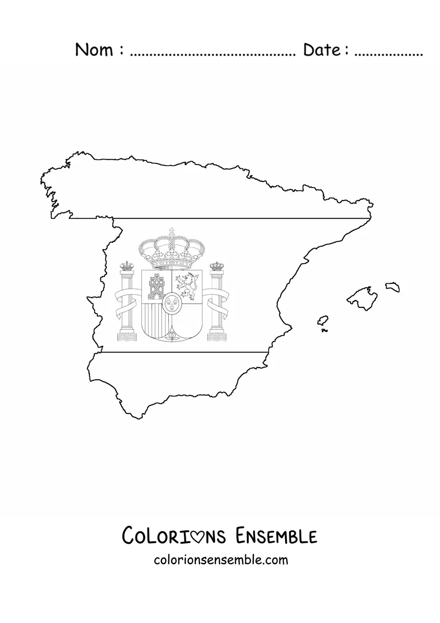 Image à colorier du drapeau de l'Espagne avec ses armoiries, posé sur une carte