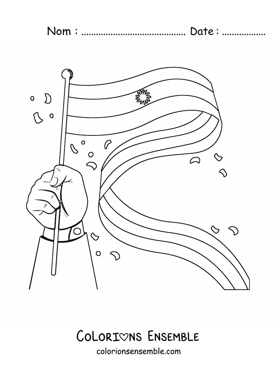 Image à colorier d'une main tenant le drapeau de l'Argentine qui flotte au vent