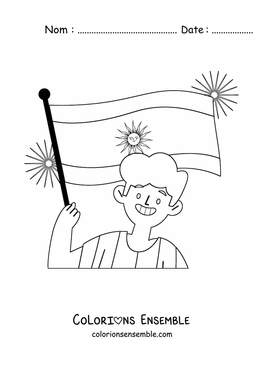 Image à colorier d'un garçon tenant le drapeau de l'Argentine