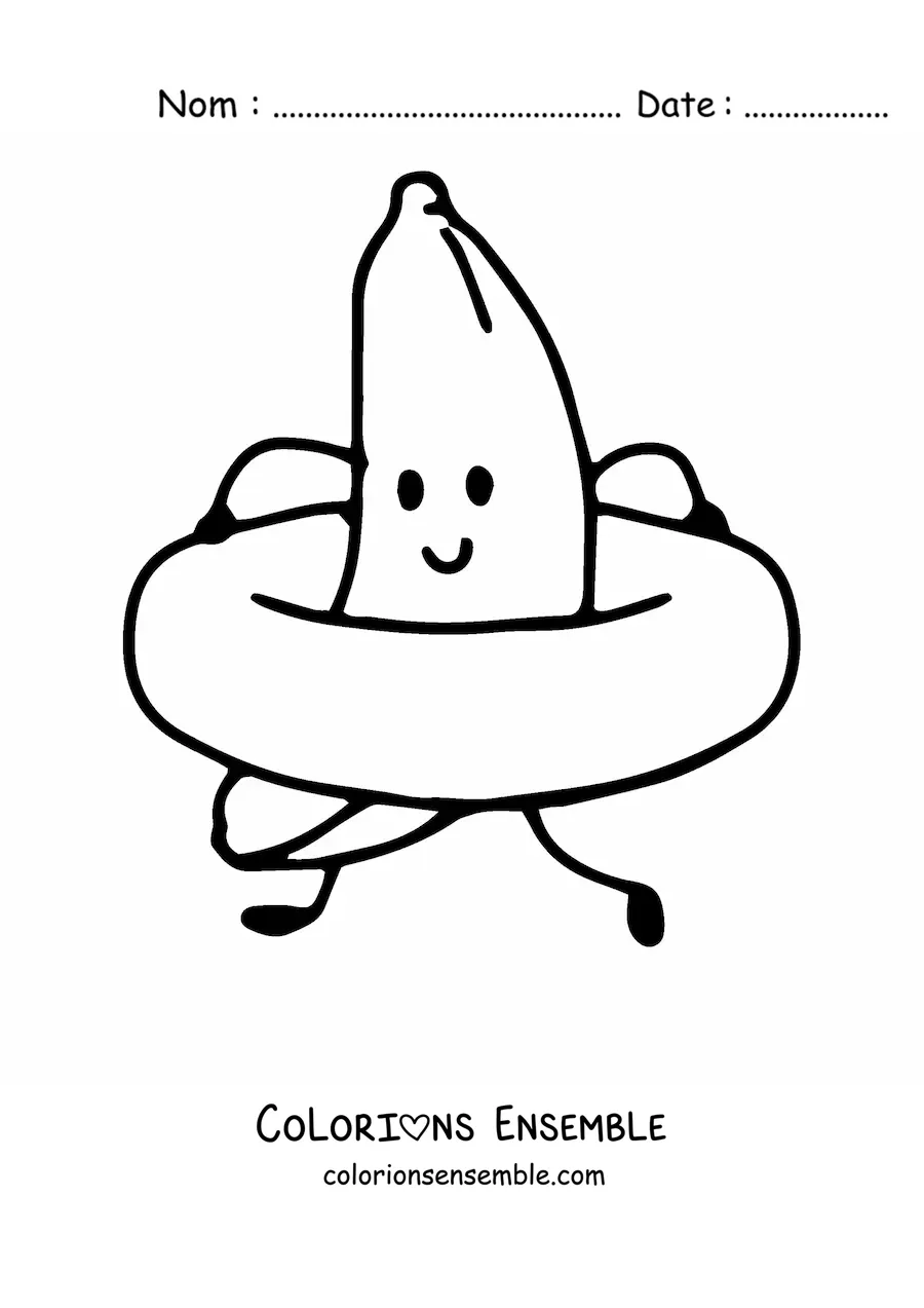 Image à colorier d’une banane rigolote avec une bouée à la plage