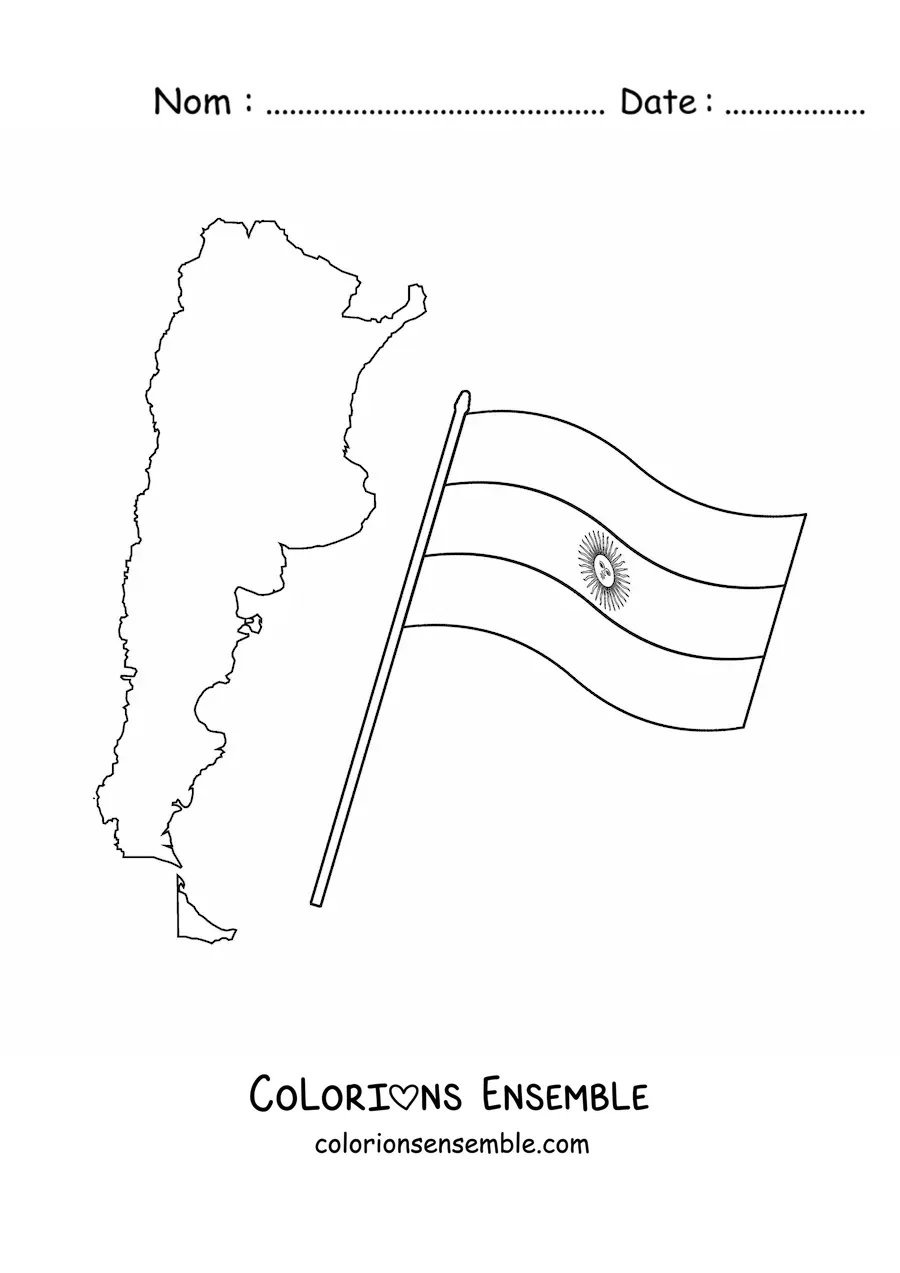Image à colorier du drapeau de l'Argentine à côté d'une carte