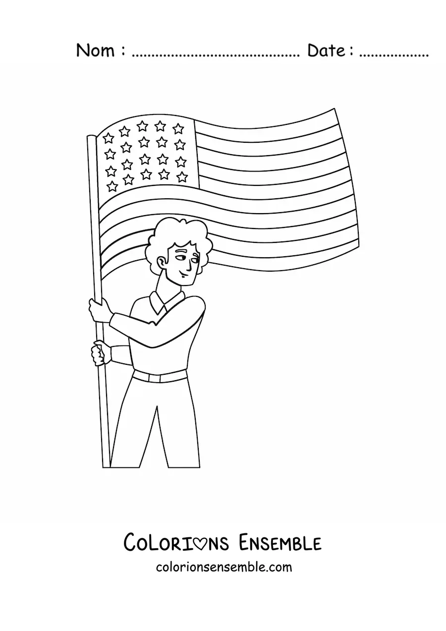 Image à colorier d'un garçon tenant le drapeau des États-Unis
