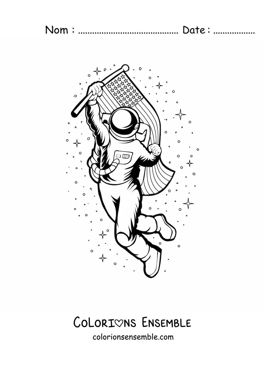 Image à colorier d'un astronaute avec le drapeau des États-Unis