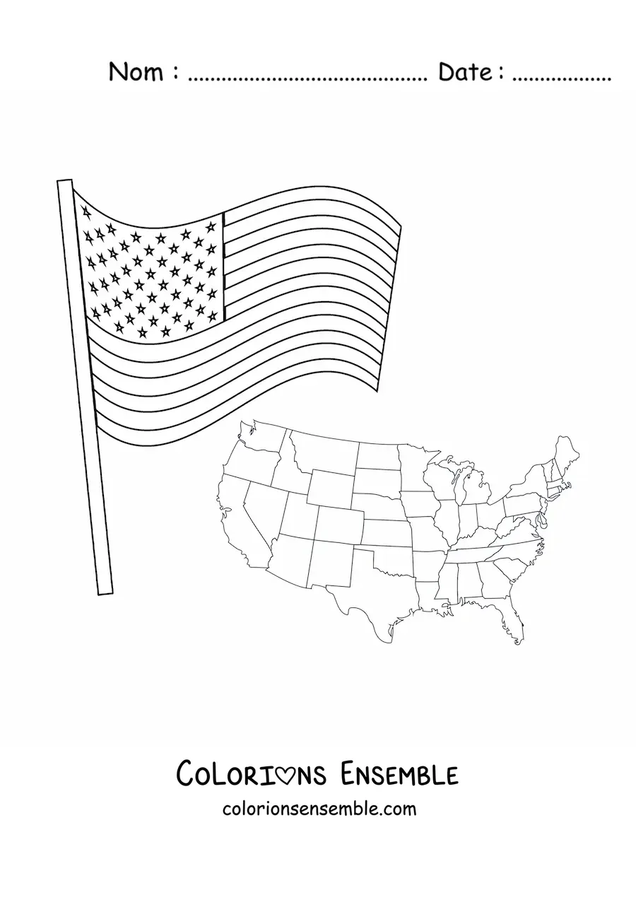 Image à colorier du drapeau des États-Unis à côté d'une carte