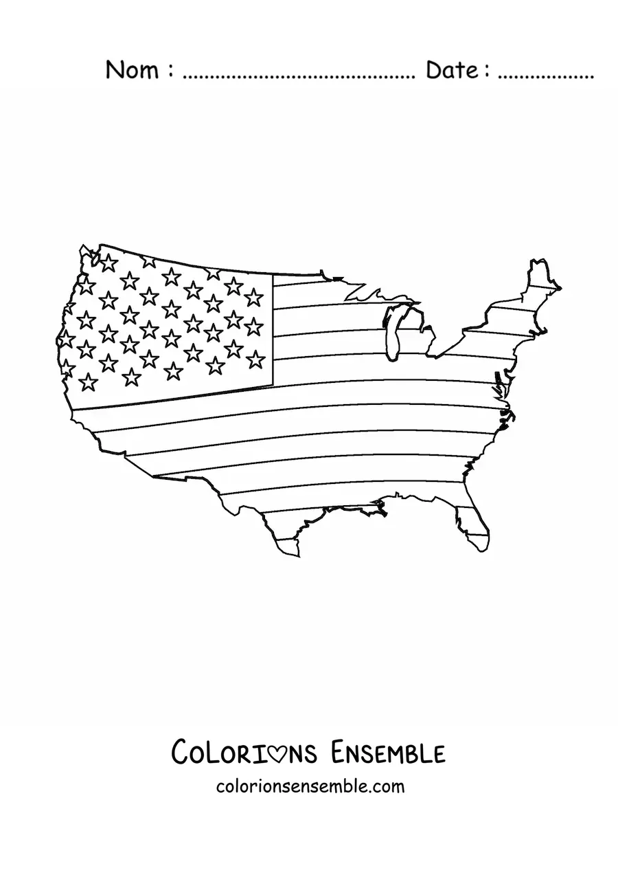 Image à colorier du drapeau des États-Unis posé sur une carte