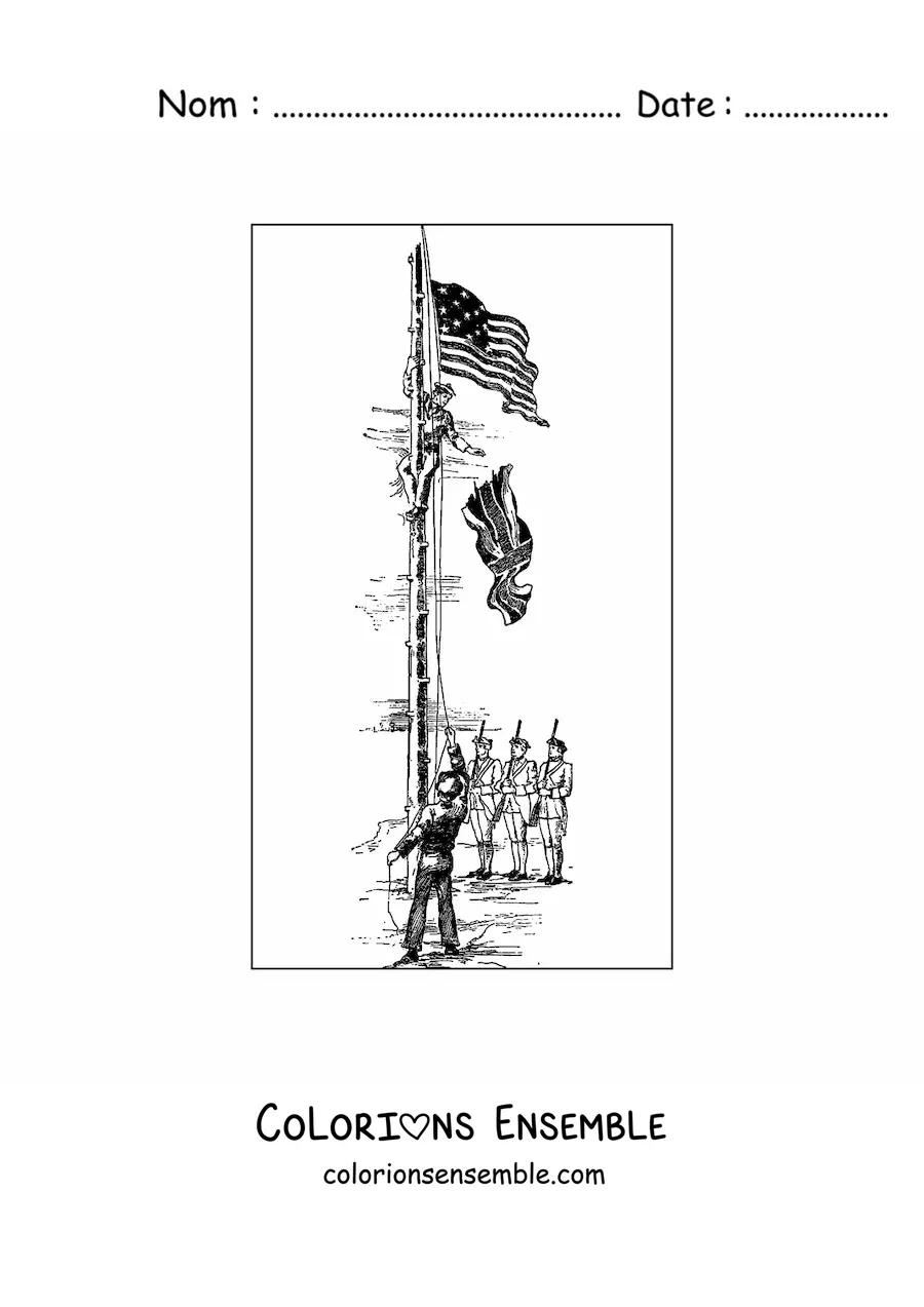 Image à colorier de révolutionnaires remplaçant le drapeau de l'Angleterre par celui des États-Unis