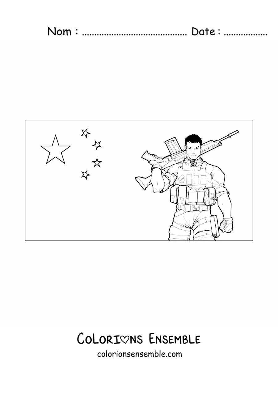 Image à colorier du drapeau de la Chine avec un soldat