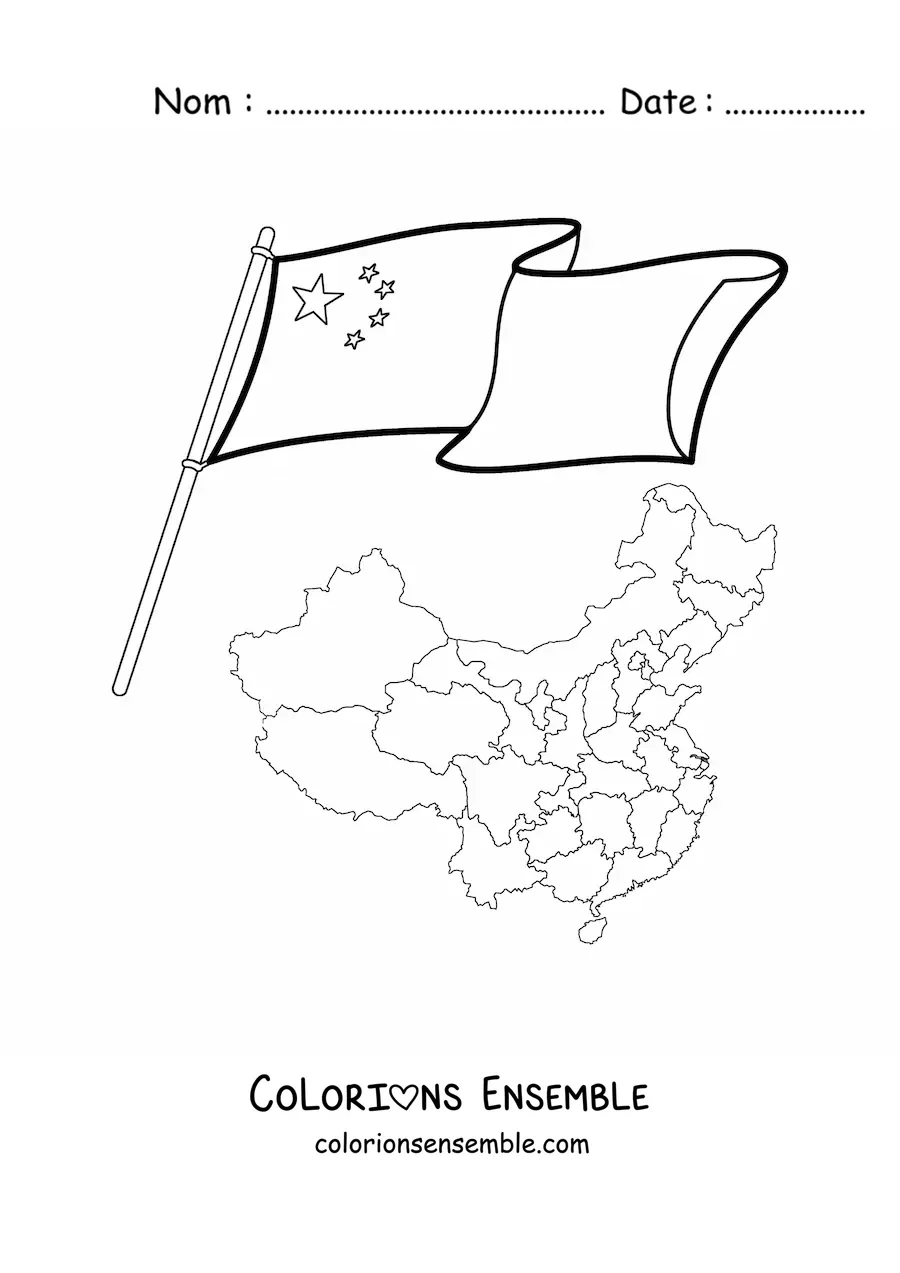 Image à colorier du drapeau de la Chine à côté d'une carte