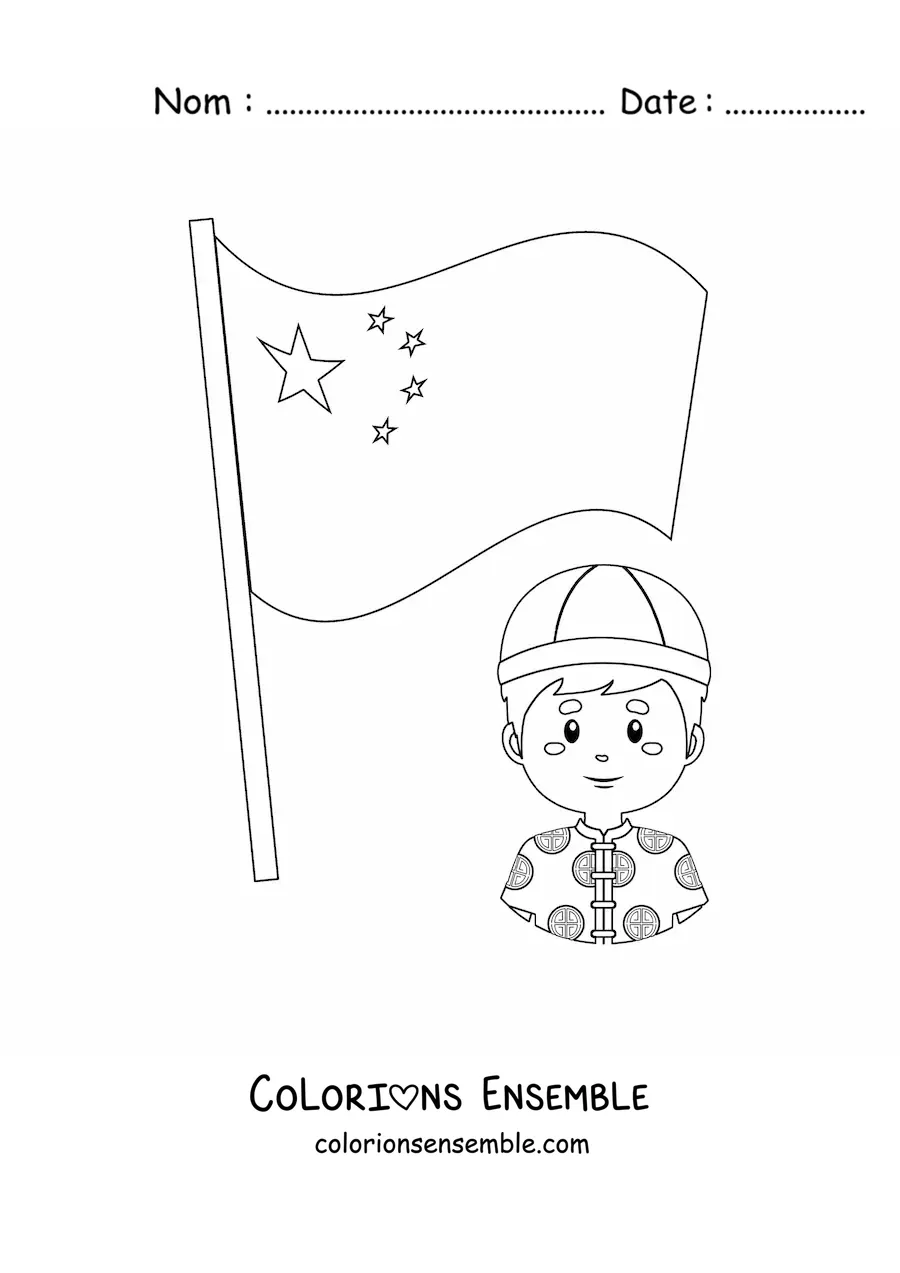 Image à colorier du drapeau de la Chine avec un personnage chinois kawaii