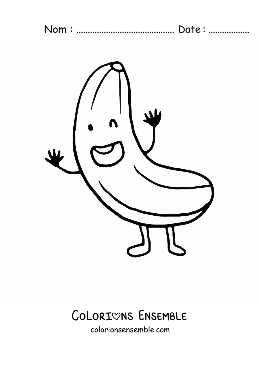 Image à colorier d'une banane animée qui salue joyeusement