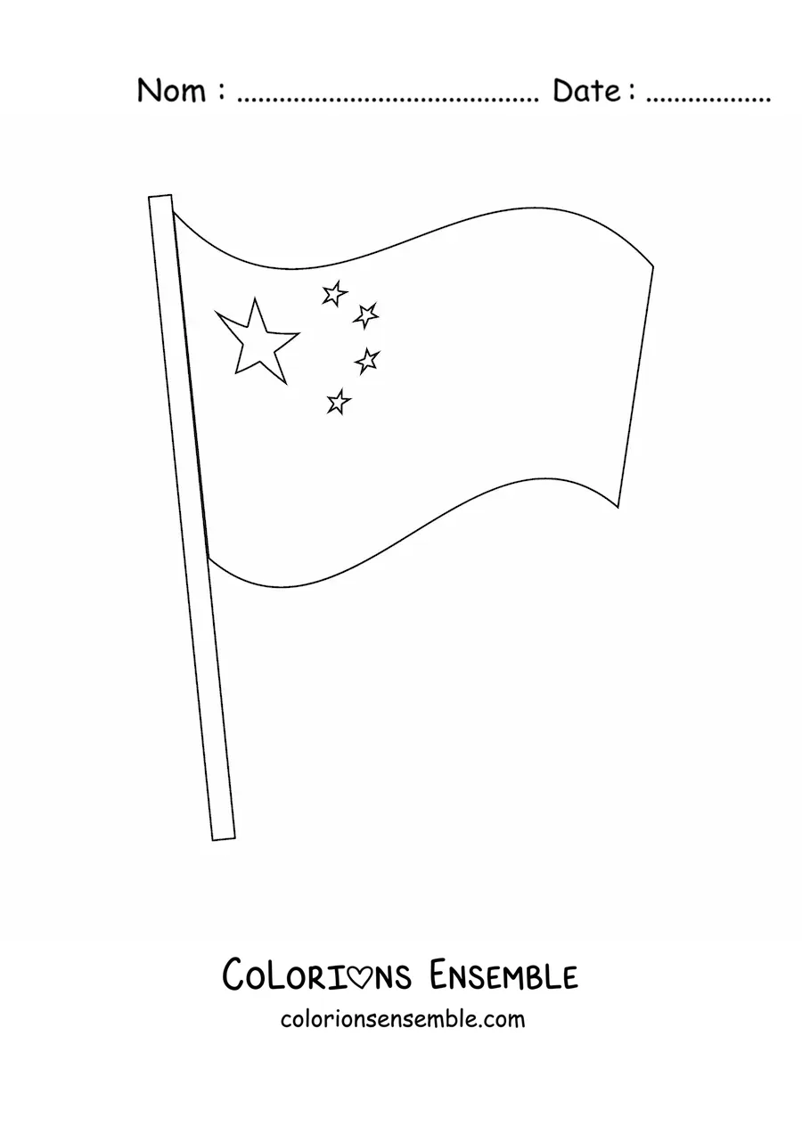 Image à colorier du drapeau de la Chine flottant sur un mât