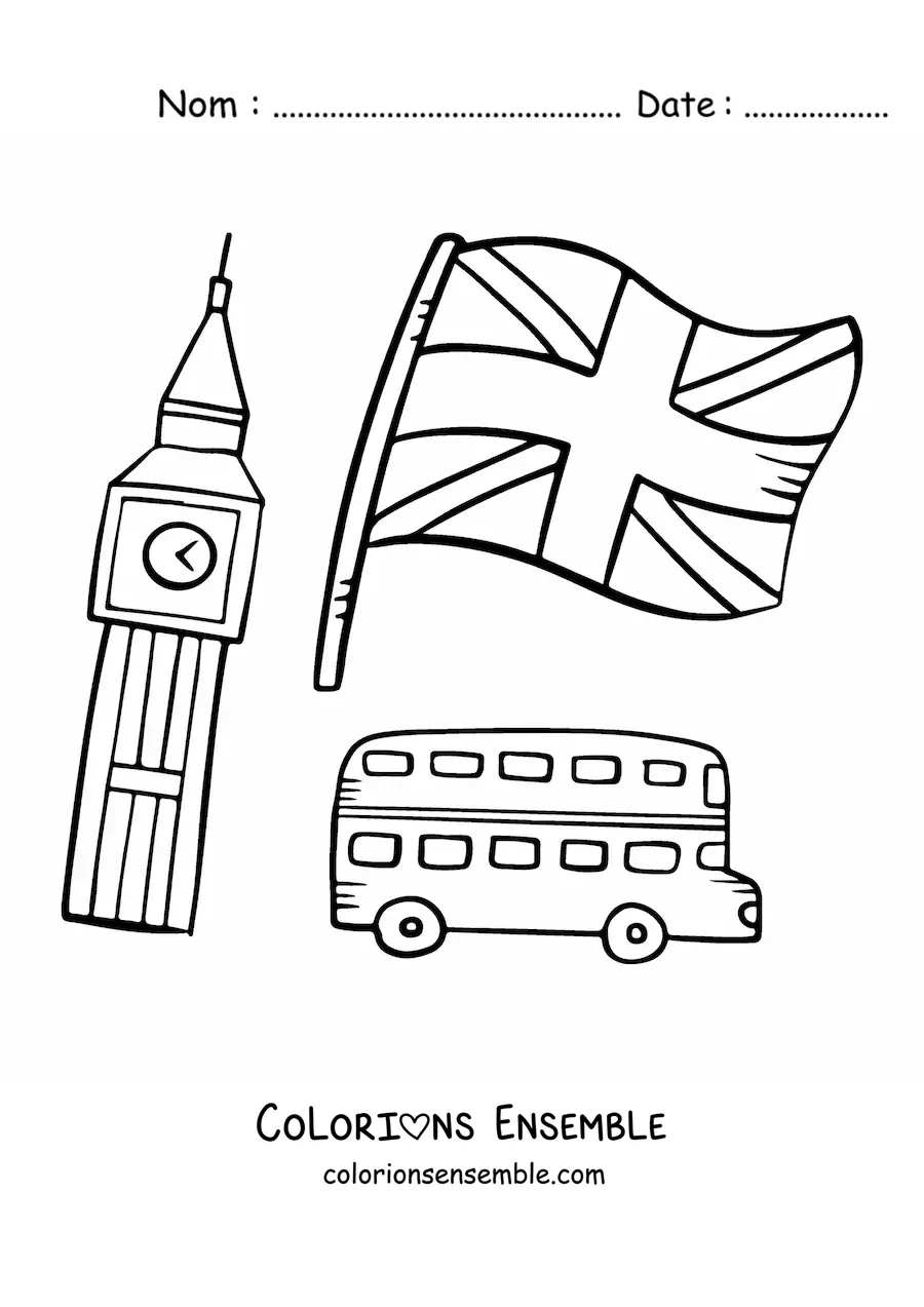 Image à colorier du drapeau du Royaume-Uni avec Big Ben et un bus à impériale