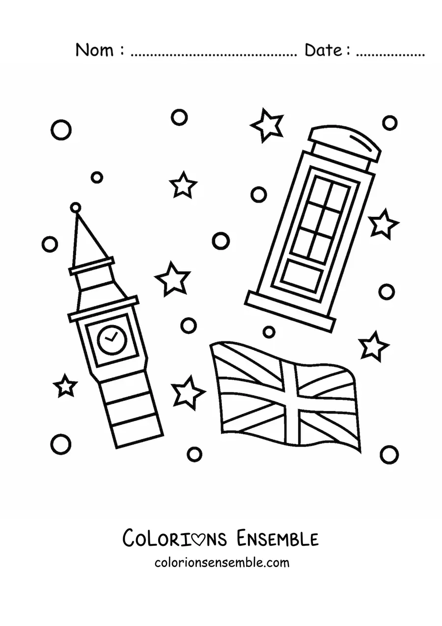 Image à colorier du drapeau du Royaume-Uni avec Big Ben et une cabine téléphonique