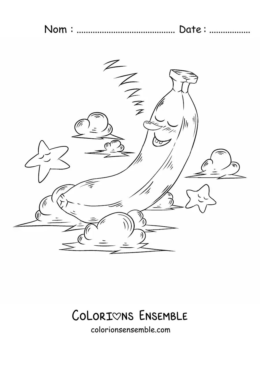 Image à colorier d'une banane animée qui dort parmi les nuages et les étoiles
