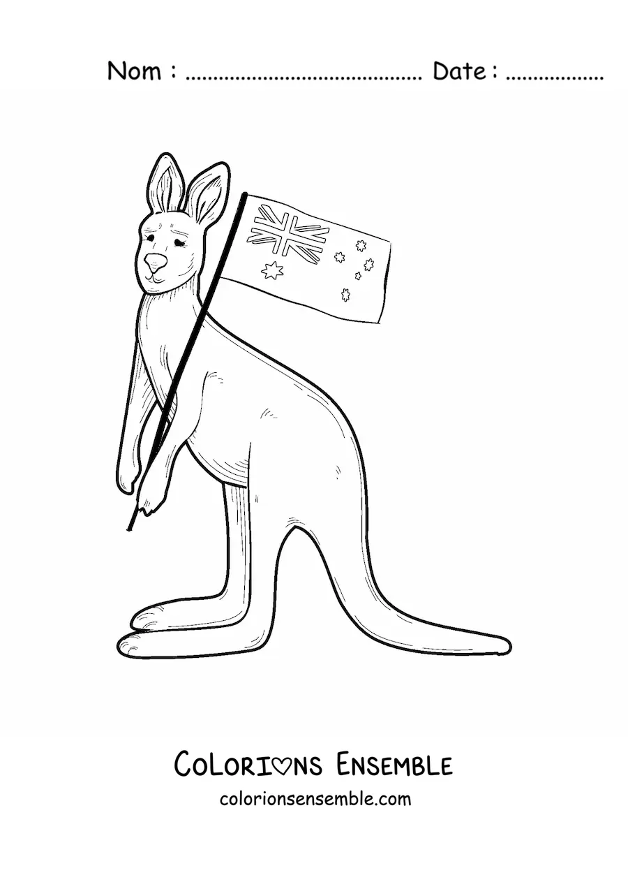 Image à colorier d’un kangourou avec le drapeau de l’Australie