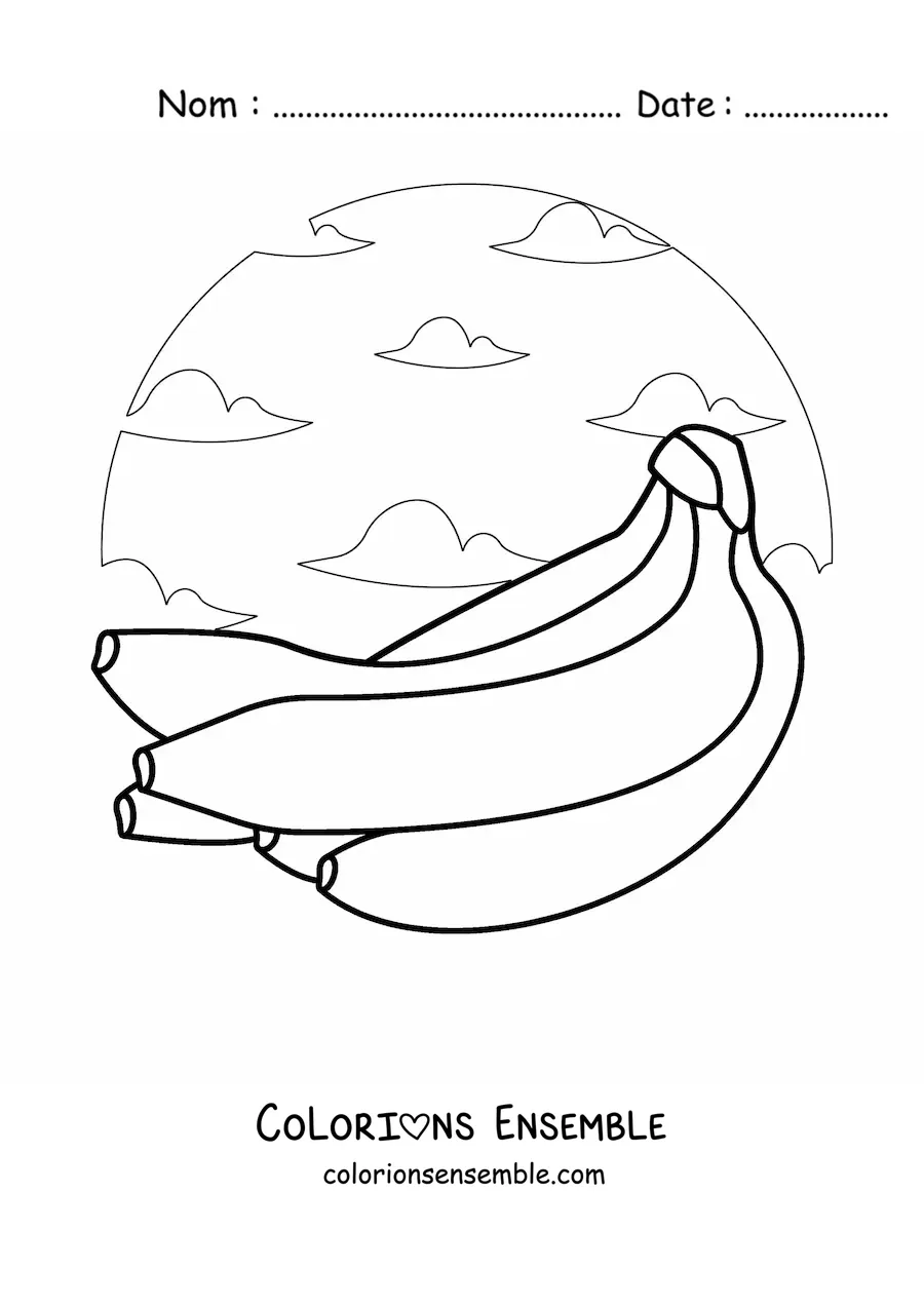 Image à colorier d'un régime de bananes avec le ciel en arrière-plan