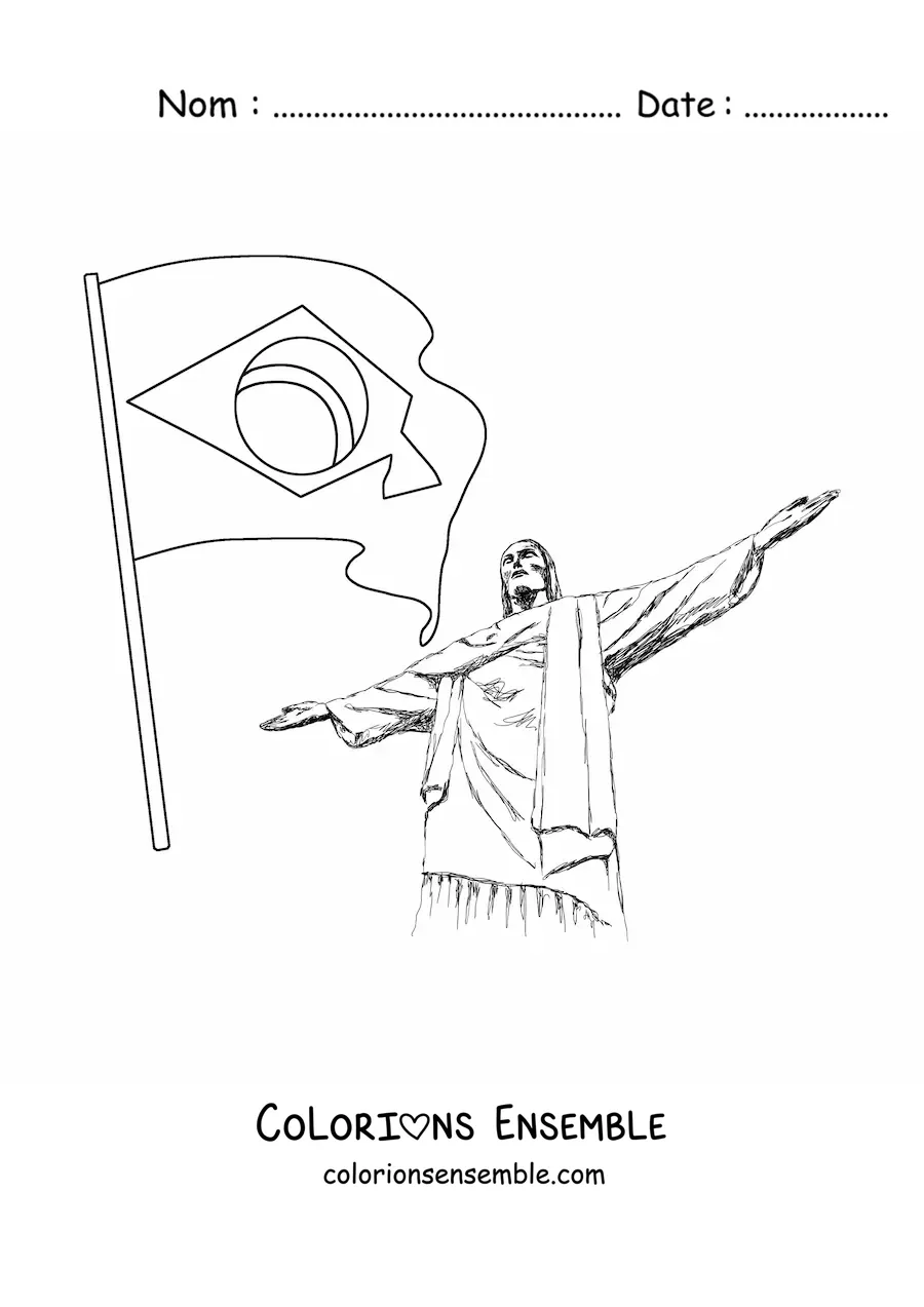 Image à colorier du drapeau du Brésil avec le Christ Rédempteur