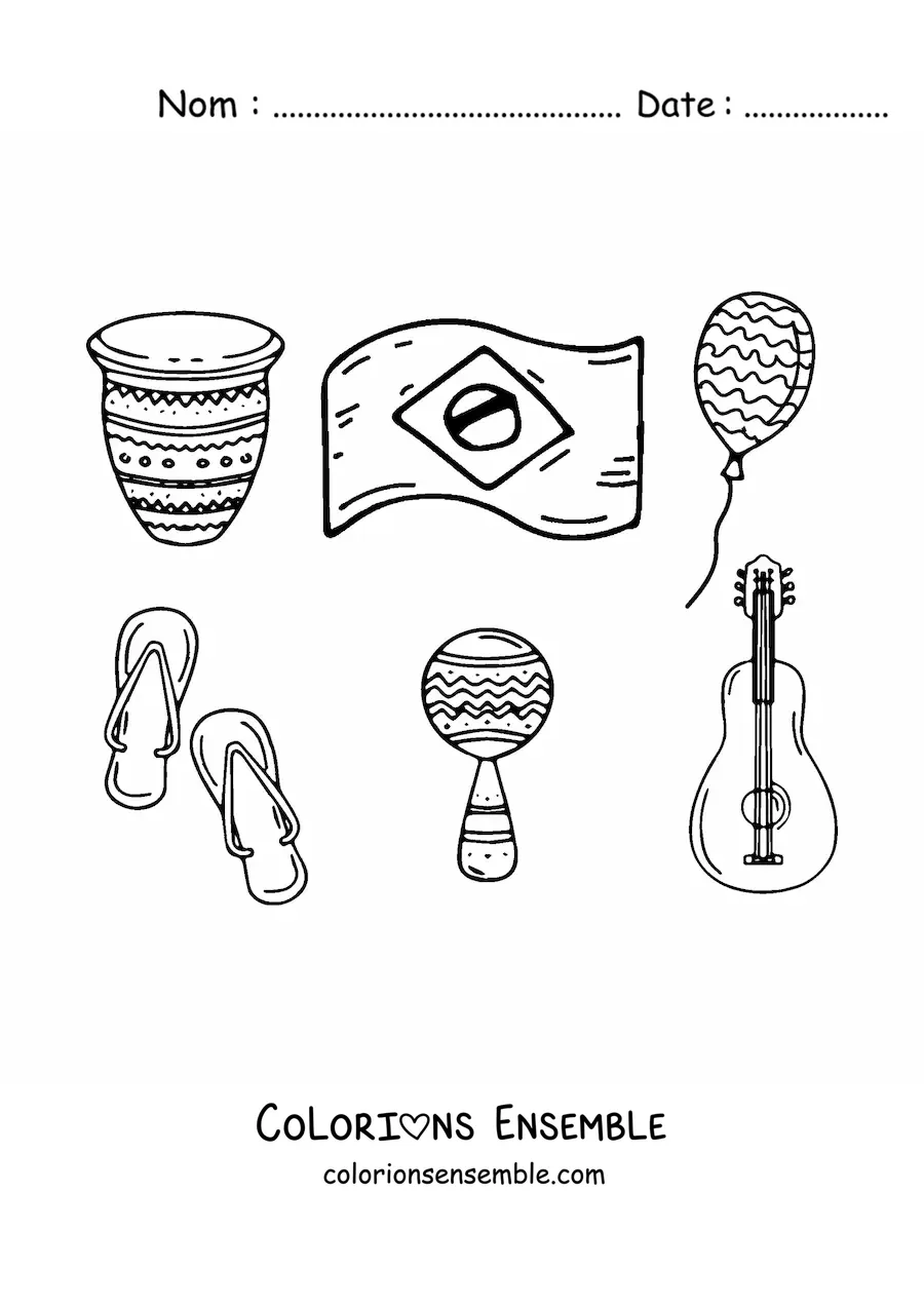 Image à colorier du drapeau du Brésil avec un tambour, une maraca, un instrument et une sandale