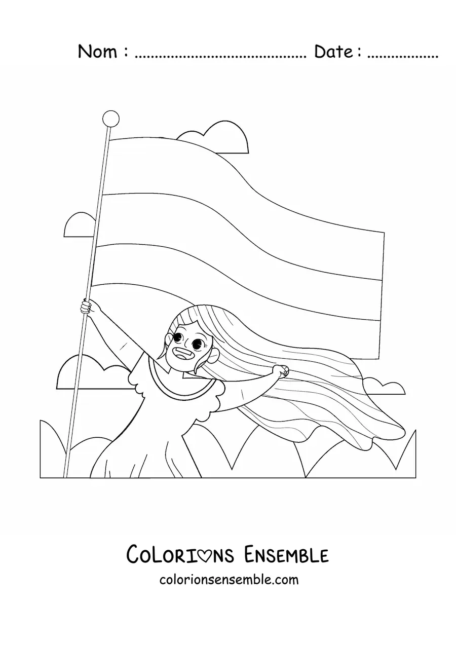 Image à colorier d’une jeune fille tenant le drapeau de la Colombie