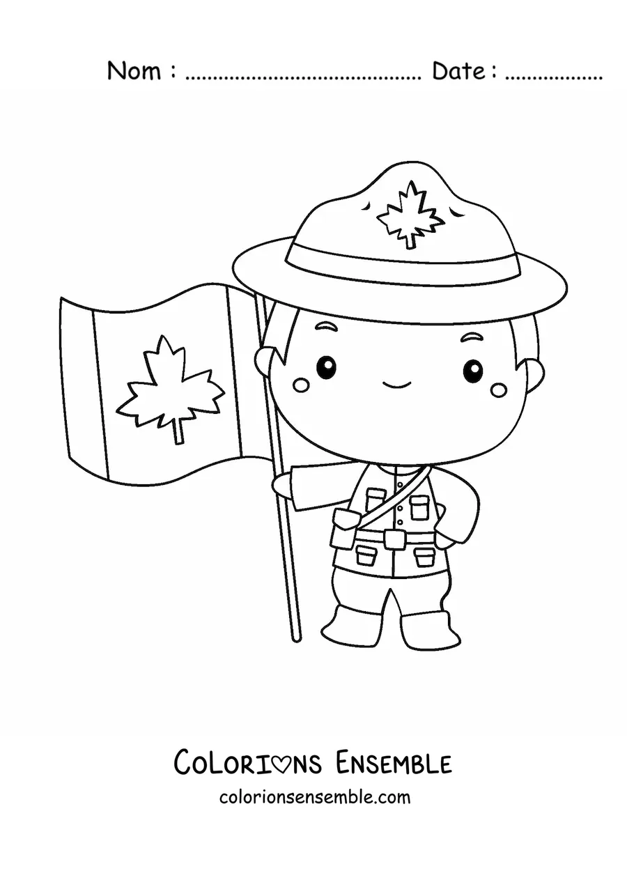 Image à colorier d’un homme kawaii tenant le drapeau du Canada