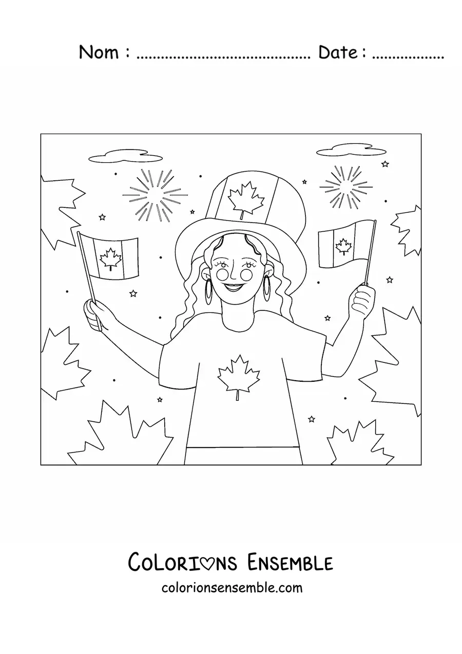 Image à colorier d’une jeune fille tenant le drapeau du Canada et un chapeau