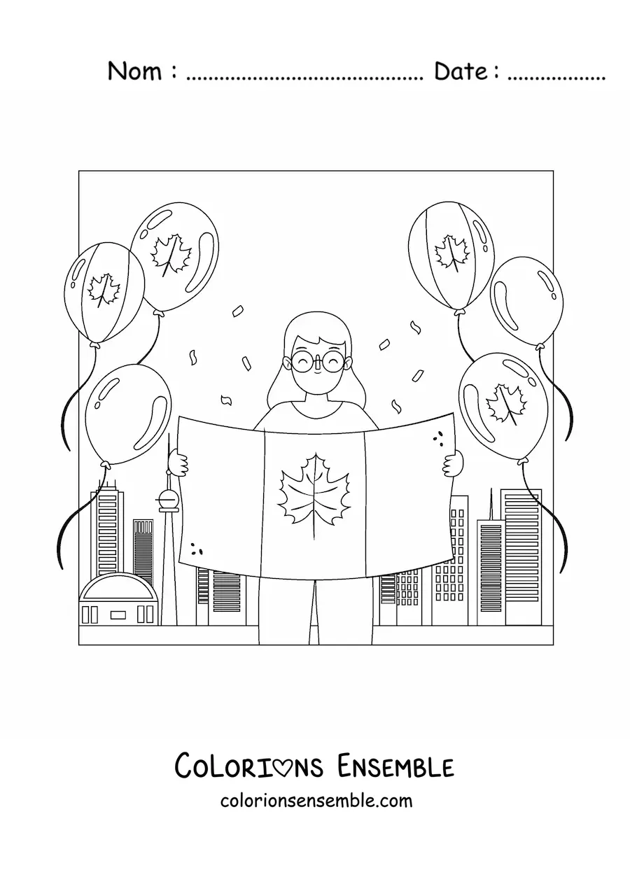 Image à colorier d’une jeune fille tenant le drapeau du Canada et des ballons
