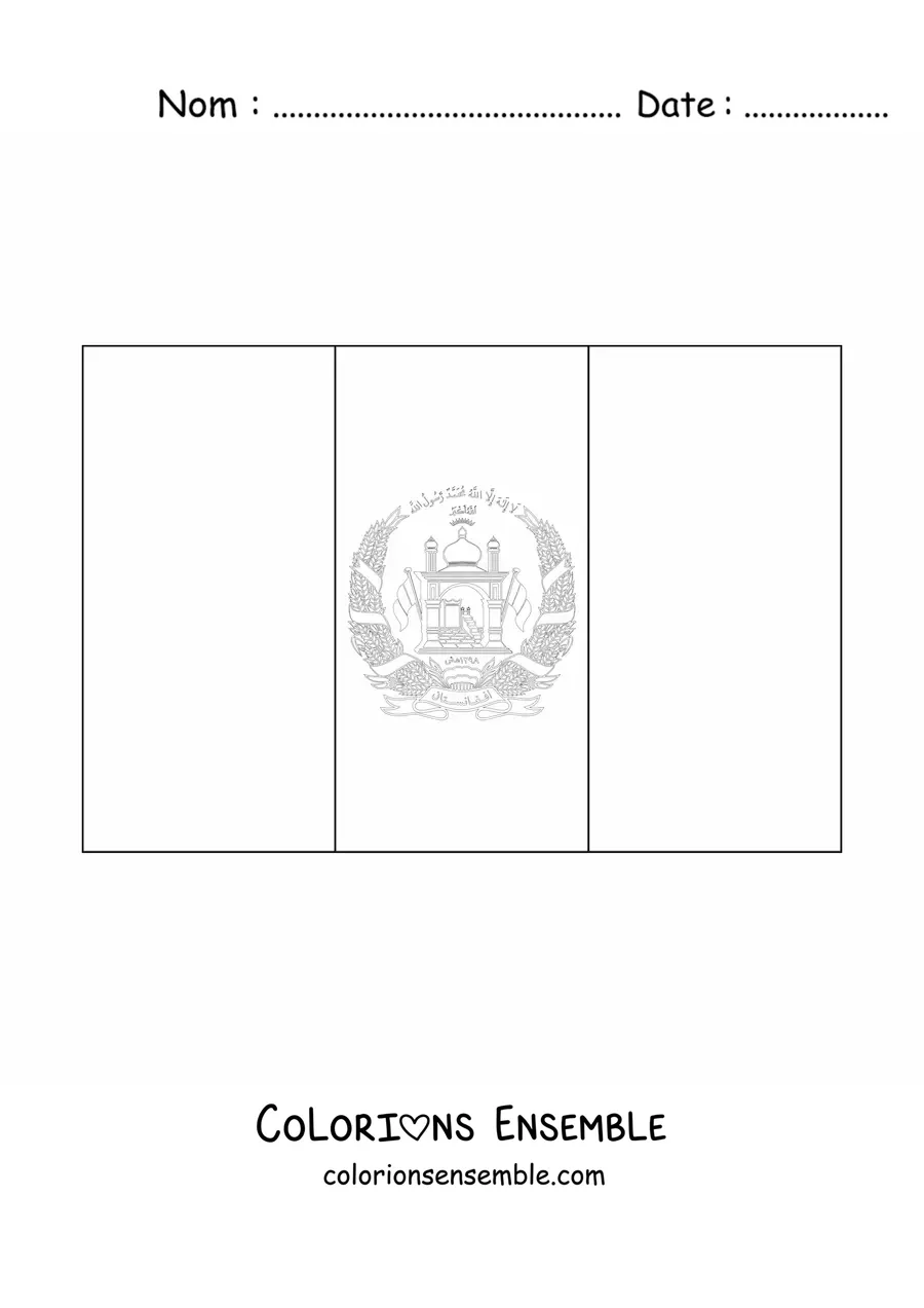 Image à colorier du drapeau de l’Afghanistan à l’horizontale avec son blason