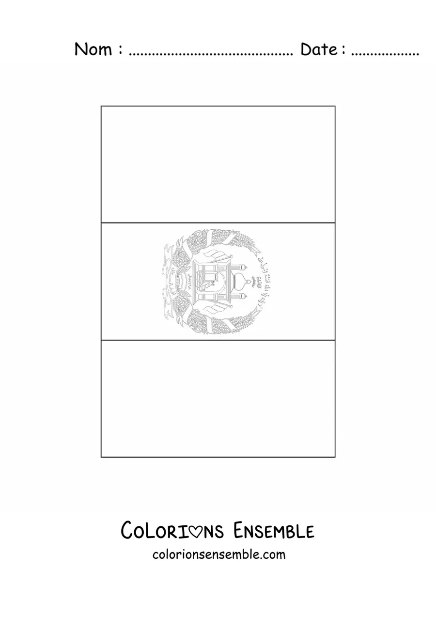 Image à colorier du drapeau de l’Afghanistan à la verticale avec son blason