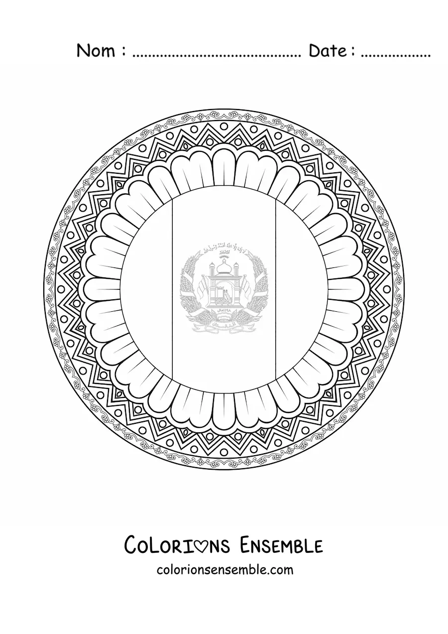Image à colorier du drapeau de l’Afghanistan en emoji avec un mandala