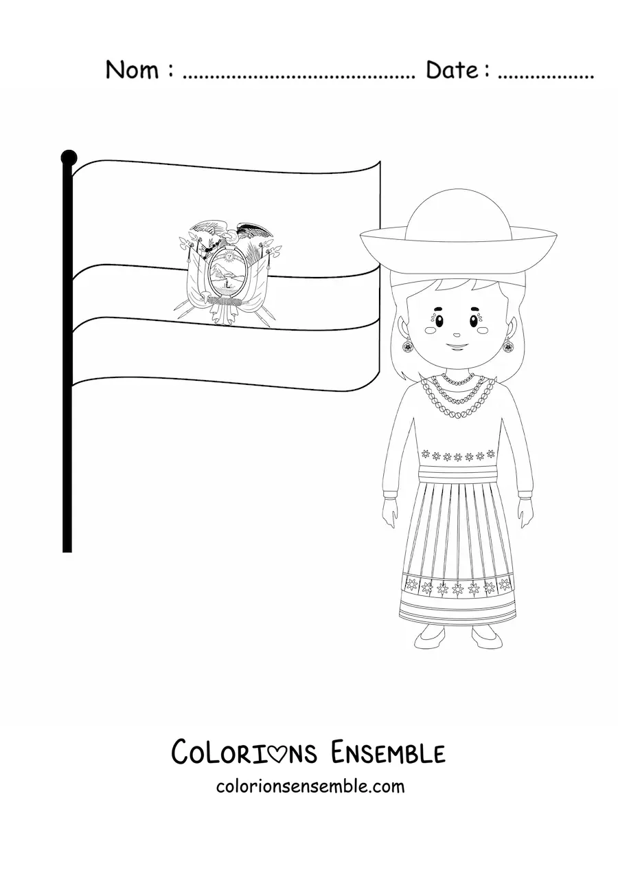 Image à colorier d’une femme avec le drapeau de l’Équateur