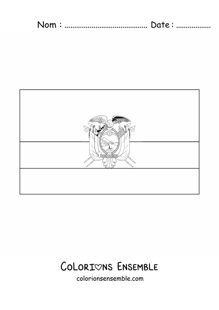 Image à colorier du drapeau de l’Équateur à l’horizontale avec son blason