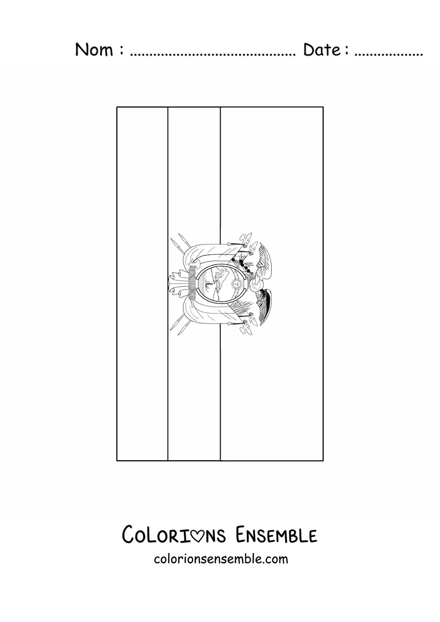 Image à colorier du drapeau de l’Équateur à la verticale avec son blason
