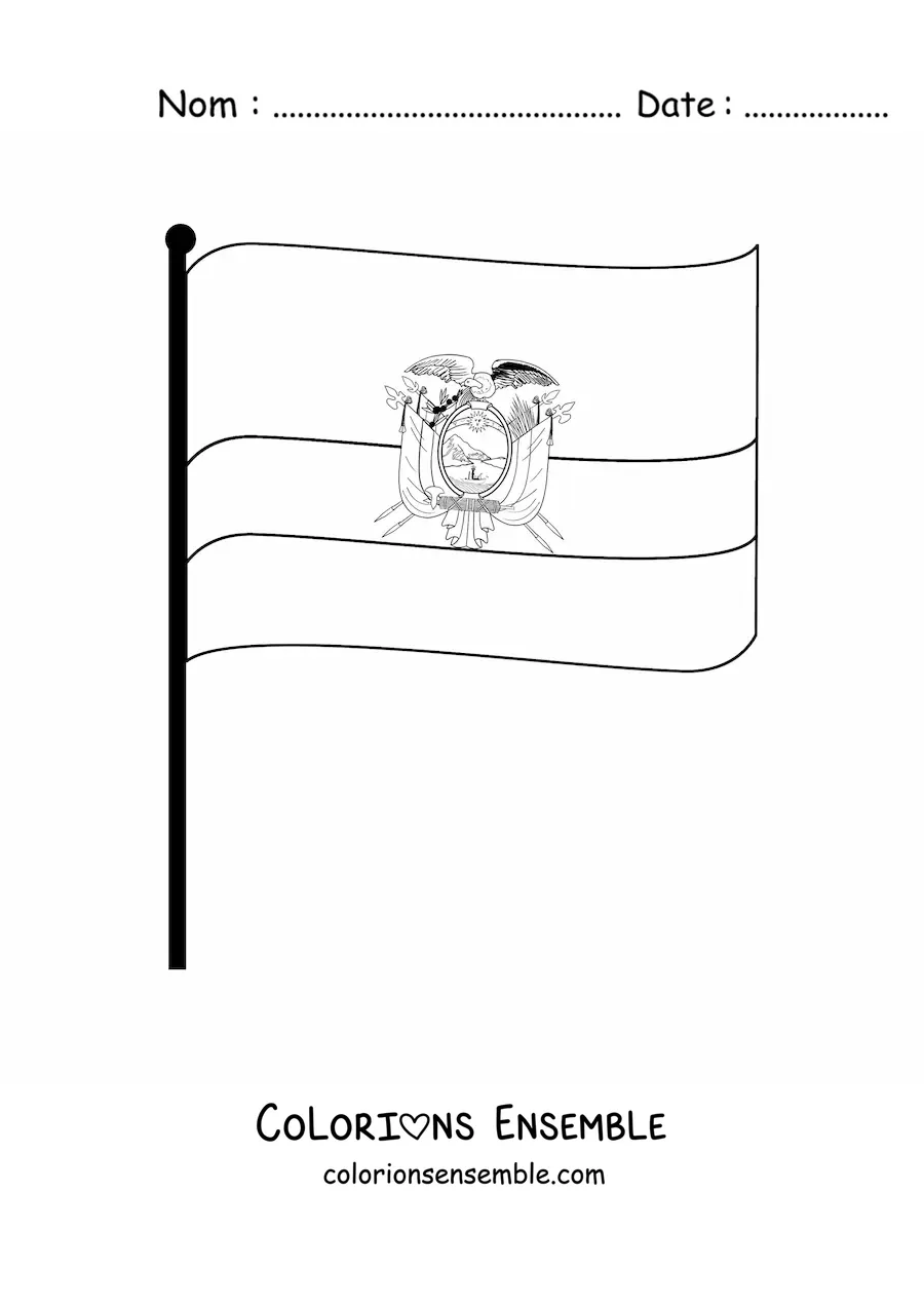 Image à colorier du drapeau de l’Équateur sur un mât