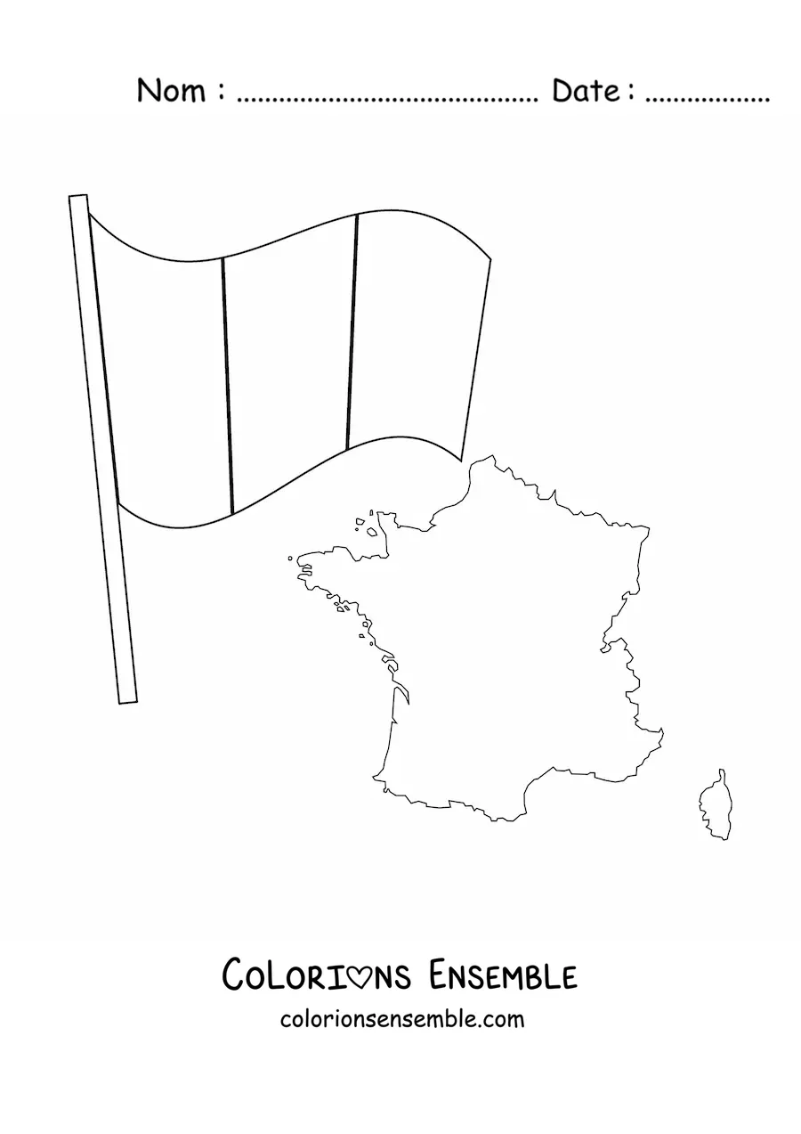 Image à colorier du drapeau de la France à côté d'une carte