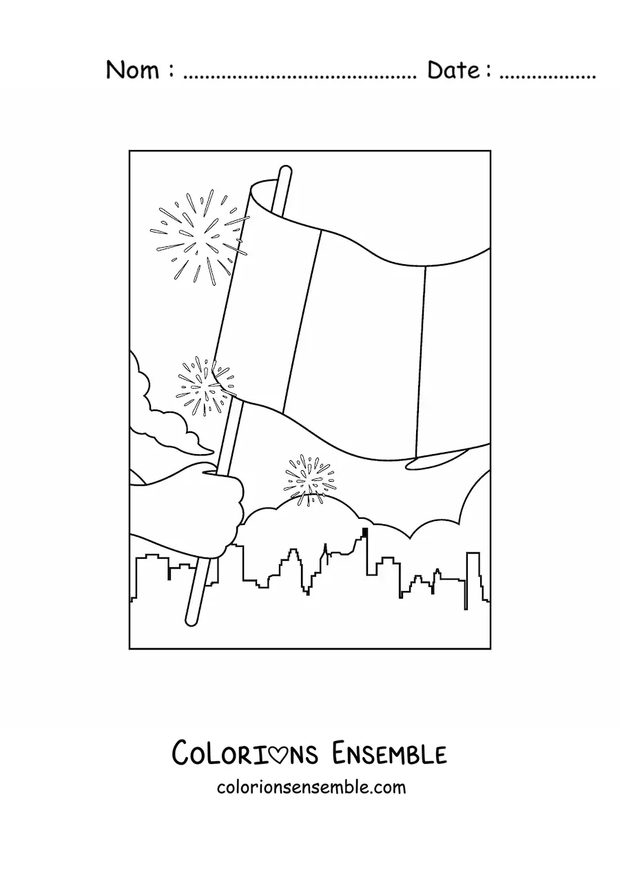 Image à colorier d'une main tenant le drapeau de la France dans la ville
