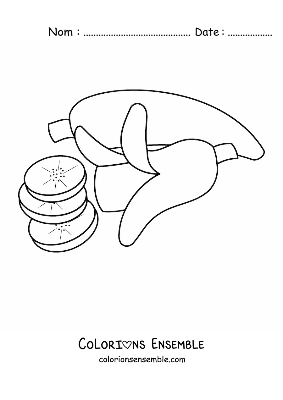 Image à colorier d'une banane entière à côté d'une banane coupée en morceaux