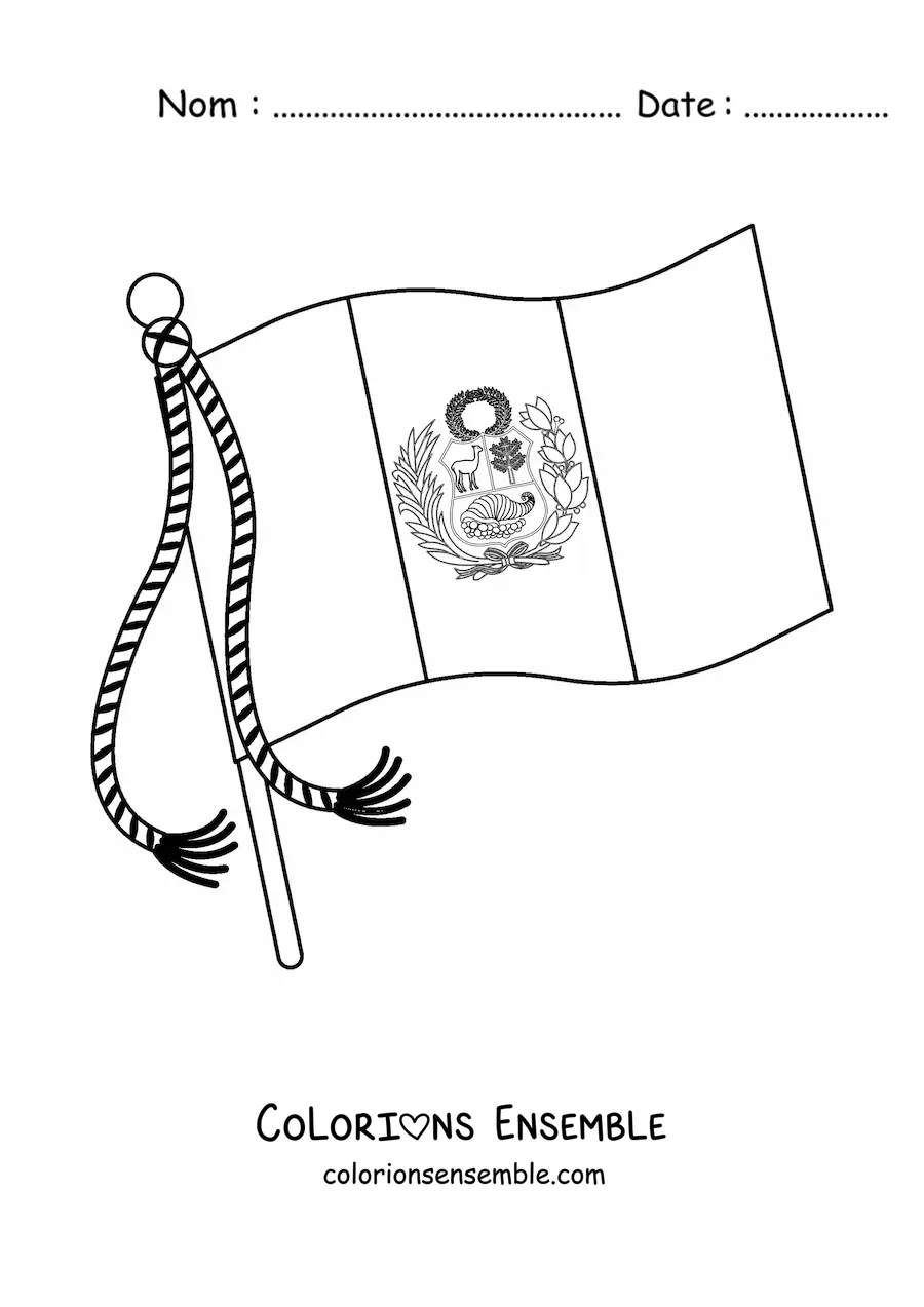 Image à colorier du drapeau du Pérou avec blason flottant sur un mât