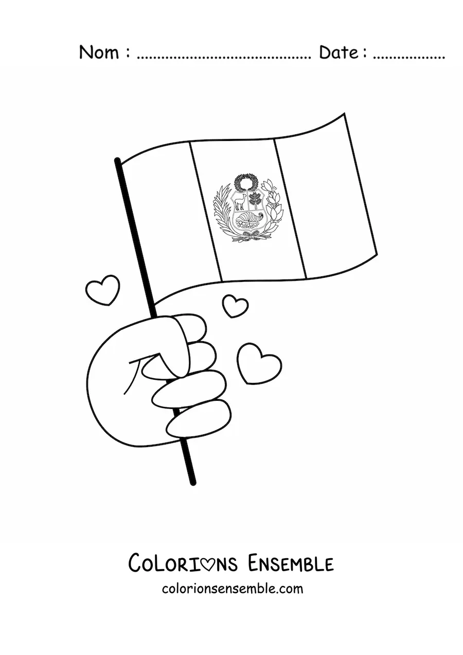 Image à colorier d'une main tenant le drapeau du Pérou avec blason