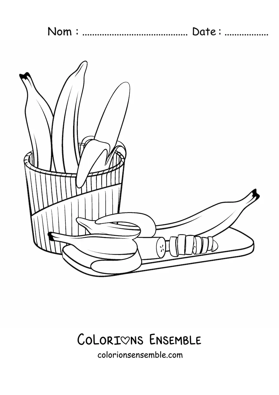 Image à colorier de plusieurs bananes à côté d'une banane coupée en morceaux